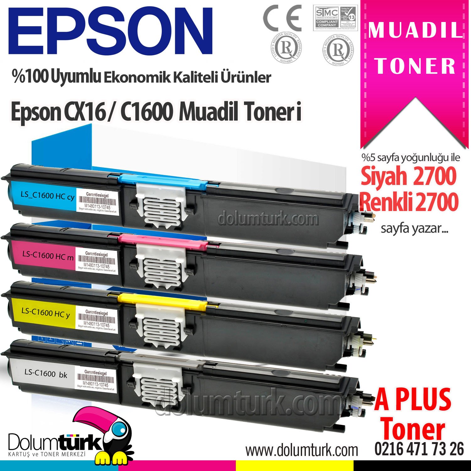 Epson CX16 / C1600 / S050557 / S050556 / S050555 / S050554 A Plus Muadil Toneri