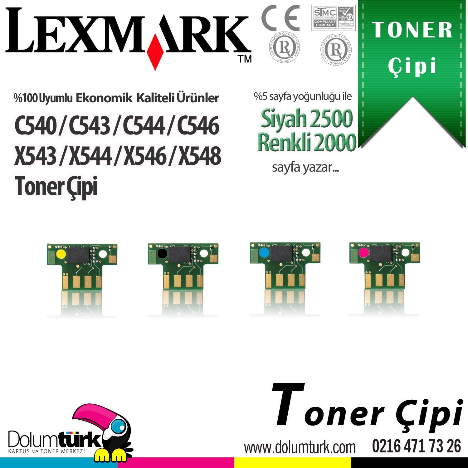 Lexmark C540 / C540n / C543 / C543dn / C544 / C544dn / C544dw / C544n / C546dtn / X543 / X543dn / X544 / X544dn / X544dw / X544n / X546dtn / X548de / X548dte Toner Çipi