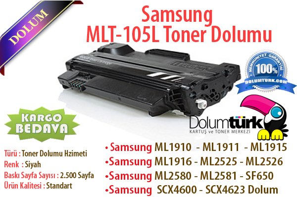 SAMSUNG MLT-D105L Toner Dolumu ( Çipsiz ) - Samsung ML1910 / ML1915 / ML2525 / ML2580 / SCX4600 / SCX4623 / SF650 Toner Dolumu