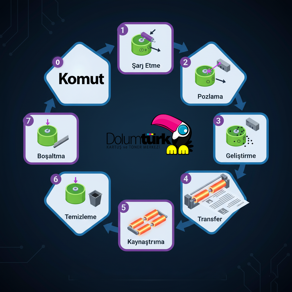 7 adımlık lazer yazıcı elektrofotografi süreci infografiği