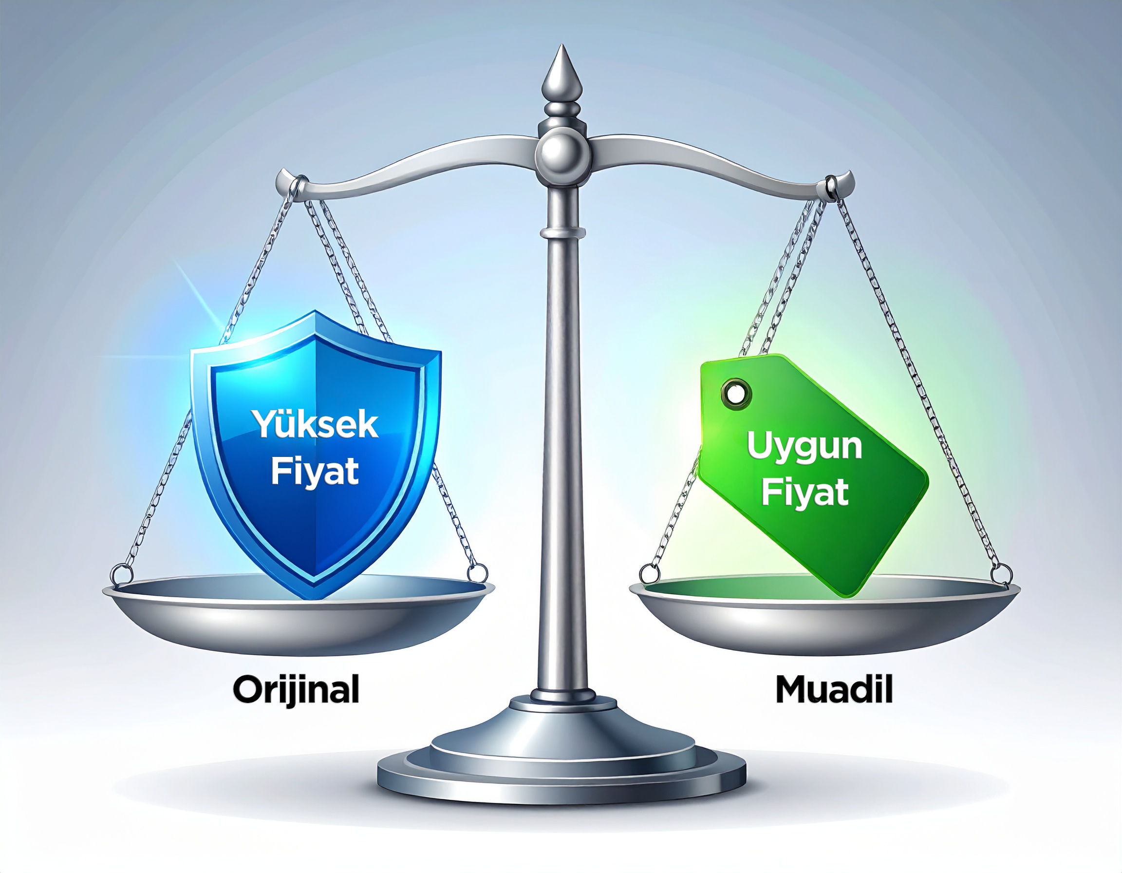 Orijinal ve muadil tonerin fiyat ve kalite özelliklerini karşılaştıran terazi.