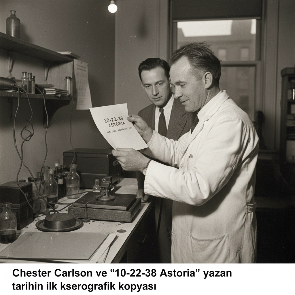 Chester Carlson ve '10-22-38 Astoria' yazan tarihin ilk kserografik kopyası.