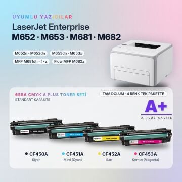Hp 655A CMYK Muadil Toner Seti A Plus / Color LaserJet Enterprise M652 / M653 / MFP M681 / M682 / CF450A / CF451A / CF452A / CF453A