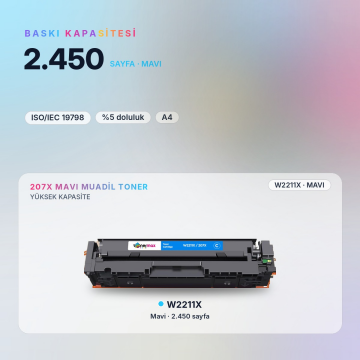 Hp 207X - W2211X Muadil Toner Mavi - Çipli / Hp Color LaserJet Pro M255dw / M255nw /M282nw /M283cdw /M283fdn /M283fdw
