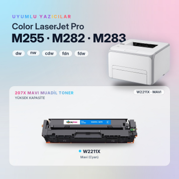 Hp 207X - W2211X Muadil Toner Mavi - Çipli / Hp Color LaserJet Pro M255dw / M255nw /M282nw /M283cdw /M283fdn /M283fdw