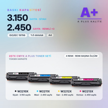 Hp 207X CMYK Muadil Toner Seti A Plus / Color LaserJet Pro M255 / M282 / M283 / W2210X / W2211X / W2212X / W2213X
