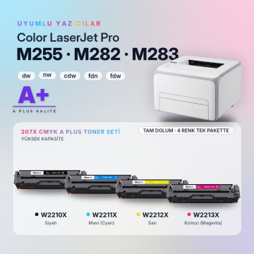 Hp 207X CMYK Muadil Toner Seti A Plus / Color LaserJet Pro M255 / M282 / M283 / W2210X / W2211X / W2212X / W2213X
