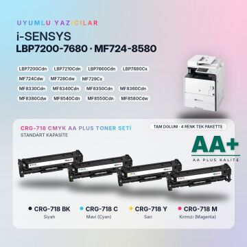 Canon CRG-718 CMYK Muadil Toner Seti AA Plus / LBP7200Cdn / LBP7210Cdn / LBP7660Cdn / LBP7680Cx / MF724Cdw / MF728Cdw / MF729Cx / MF8330Cdn / MF8340Cdn / MF8350Cdn / MF8360Cdn / MF8380Cdw / MF8540Cdn / MF8550Cdn / MF8580Cdw