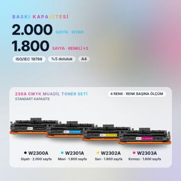 Hp 230A W2300A Muadil Toner Takımı - Çipli / Hp Color LaserJet Pro 4203dn / 4203dw / 4303dw / 4303fdn / 4303fdw