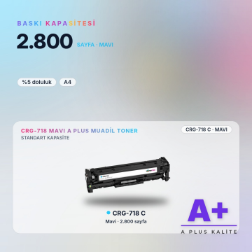 Canon CRG-718 Mavi Muadil Toner A Plus / LBP7200Cdn / LBP7210Cdn / LBP7660Cdn / LBP7680Cx / MF724Cdw / MF728Cdw / MF729Cx / MF8330Cdn / MF8340Cdn / MF8350Cdn / MF8360Cdn / MF8380Cdw / MF8540Cdn / MF8550Cdn / MF8580Cdw