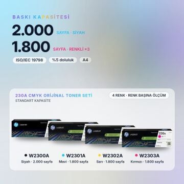Hp 230A W2300A Orjinal Toner Takımı / Hp Color LaserJet Pro 4203dn / 4203dw / 4303dw / 4303fdn / 4303fdw
