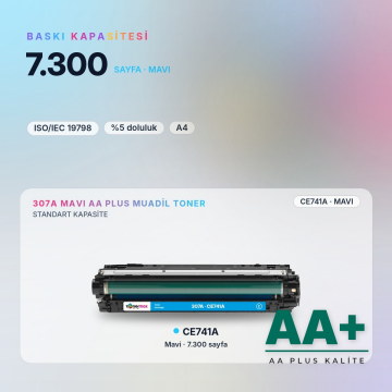 Hp 307A CE741A Mavi Muadil Toner AA Plus / Color LaserJet CP5225 / CP5225n / CP5225dn