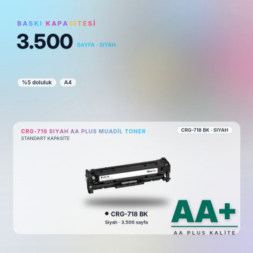 Canon CRG-718 Siyah Muadil Toner AA Plus / LBP7200Cdn / LBP7210Cdn / LBP7660Cdn / LBP7680Cx / MF724Cdw / MF728Cdw / MF729Cx / MF8330Cdn / MF8340Cdn / MF8350Cdn / MF8360Cdn / MF8380Cdw / MF8540Cdn / MF8550Cdn / MF8580Cdw