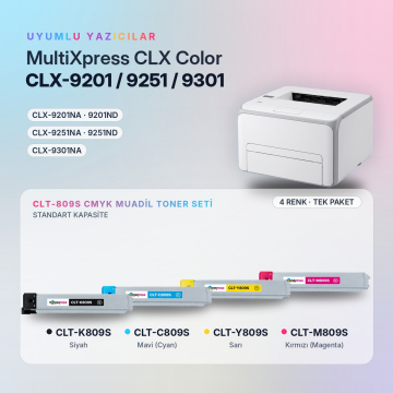 Samsung CLT-809S CMYK Muadil Toner Seti - Çipli / CLX-9201 / CLX-9251 / CLX-9301 / CLT-K809S / CLT-C809S / CLT-M809S / CLT-Y809S