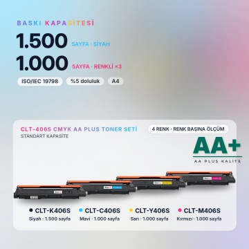 Samsung CLT-406S CMYK Muadil Toner Seti AA Plus / CLP-360 / CLX-3300 / C410 / C460 / CLT-K406S / CLT-C406S / CLT-M406S / CLT-Y406S