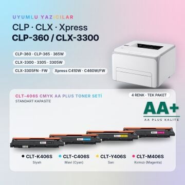 Samsung CLT-406S CMYK Muadil Toner Seti AA Plus / CLP-360 / CLX-3300 / C410 / C460 / CLT-K406S / CLT-C406S / CLT-M406S / CLT-Y406S
