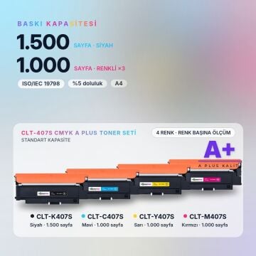 Samsung CLT-407S CMYK Muadil Toner Seti A Plus / CLP-320 / CLP-325 / CLX-3185 / CLT-K407S / CLT-C407S / CLT-M407S / CLT-Y407S