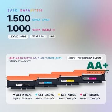 Samsung CLT-407S CMYK Muadil Toner Seti AA Plus / CLP-320 / CLP-325 / CLX-3185 / CLT-K407S / CLT-C407S / CLT-M407S / CLT-Y407S