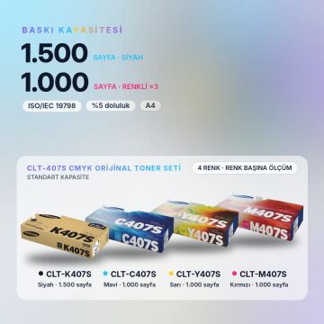 Samsung CLT-407S Orjinal Toner Set Avantaj Paket / CLP-320 / CLP-325 / CLX-3185 / CLT-K407S / CLT-C407S / CLT-M407S / CLT-Y407S