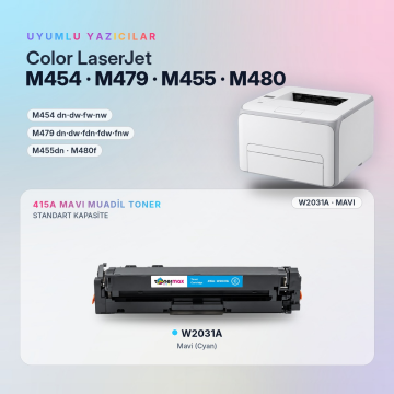 Hp 415A W2031A Muadil Toner Mavi - Çipli / M455 / M480 / M454 / M479
