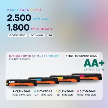 Samsung CLT-504S CMYK Muadil Toner Seti AA Plus / CLP-415 / CLX-4195 / Xpress C1810 / C1860 / CLT-K504S / CLT-C504S / CLT-M504S / CLT-Y504S