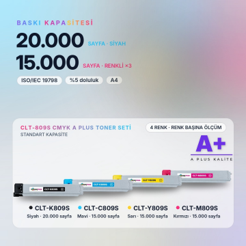 Samsung CLT-809S CMYK Muadil Toner Seti A Plus / CLX-9201 / CLX-9251 / CLX-9301 / CLT-K809S / CLT-C809S / CLT-M809S / CLT-Y809S