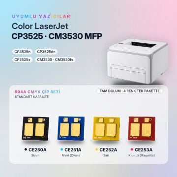 Hp 504A CE250A / CE251A / CE252A / CE253A CMYK Set Çip / Color LaserJet CP3525 / CM3530