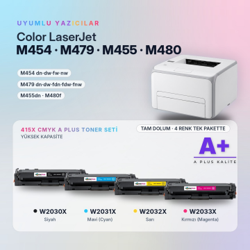 Hp 415X CMYK Muadil Toner Seti A Plus / Color LaserJet Pro M454 / M479 · Enterprise M455 / M480 / W2030X / W2031X / W2032X / W2033X