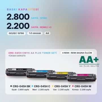 Canon CRG-045H CMYK Muadil Toner Seti AA Plus / LBP611Cn / LBP613Cdw / MF631Cn / MF633Cdw / MF635Cx