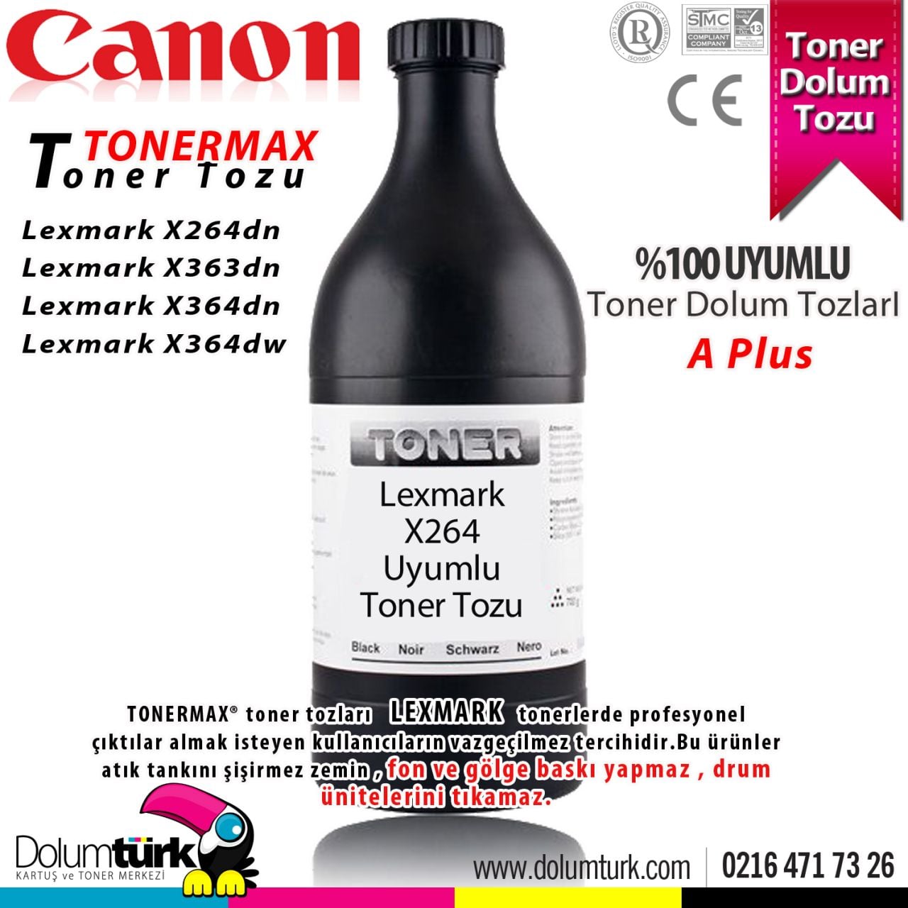 Lexmark X262 / X264dn / X264 DN / X363dn / X363 DN / X364dn / X364 DN / X364dw / X364 DW A Plus Toner Dolum Tozu Lexmark X264 A Plus Toner Tozu 500GR.