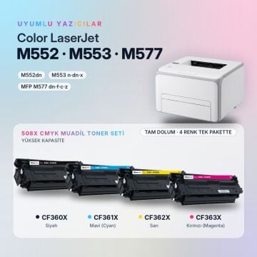 Hp 508X CMYK Muadil Toner Seti - Çipli / Color LaserJet Enterprise M552 / M553 / MFP M577 / CF360X / CF361X / CF362X / CF363X