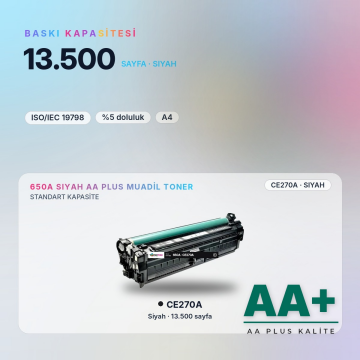Hp 650A CE270A Siyah Muadil Toner AA Plus / Color LaserJet Enterprise CP5525 / M750