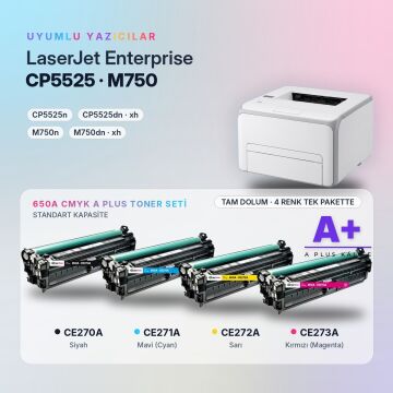 Hp 650A CMYK Muadil Toner Seti A Plus / Color LaserJet Enterprise CP5525 / M750 / CE270A / CE271A / CE272A / CE273A