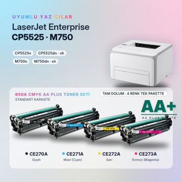 Hp 650A CMYK Muadil Toner Seti AA Plus / Color LaserJet Enterprise CP5525 / M750 / CE270A / CE271A / CE272A / CE273A