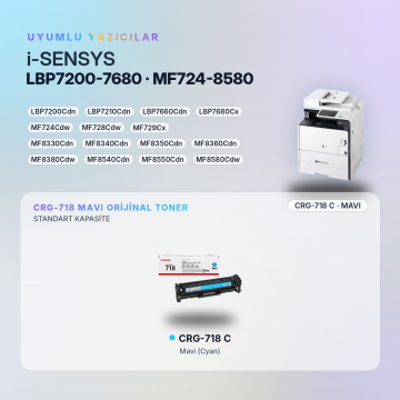 Canon CRG-718 / LBP7200Cdn / LBP7210Cdn / LBP7660Cdn / LBP7680Cx / MF724Cdw / MF728Cdw / MF729Cx / MF8330Cdn / MF8340Cdn / MF8350Cdn / MF8360Cdn / MF8380Cdw / MF8540Cdn / MF8550Cdn / MF8580Cdw Mavi Orjinal Toner
