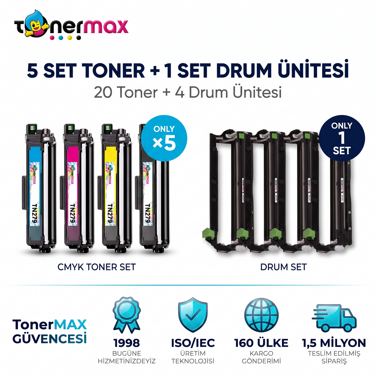 Brother TN-279 Muadil Toner 5 Set + Drum Ünitesi (20 Toner + Drum)- Çipli / DCP-L3520CDW / L3560CDW / HL-L3220CW / L3240CDW / L3280CDW / MFC-L3720CDW / L3760CDW / L3755CDW / L3780CDW / L8390CDW