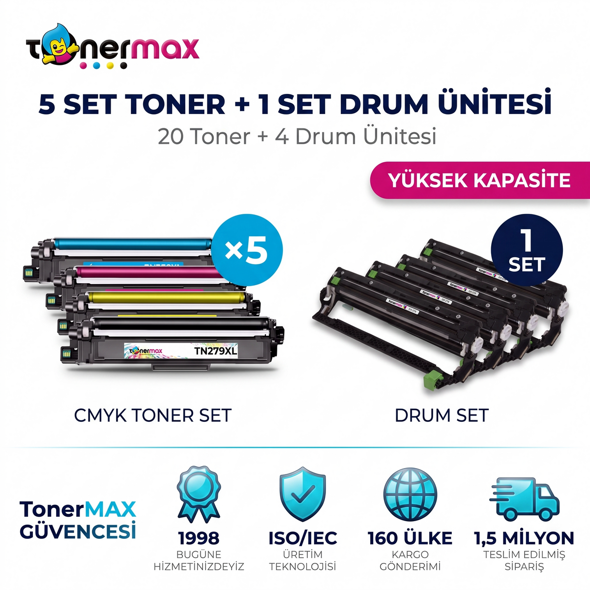 Brother TN-279XL Muadil Toner 5 Set + Drum Ünitesi (20 Toner + Drum) - Yüksek Kapasite- Çipli / DCP-L3520CDW / L3560CDW / HL-L3220CW / L3240CDW / L3280CDW / MFC-L3720CDW / L3760CDW / L3755CDW / L3780CDW / L8390CDW