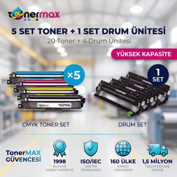 Brother TN-279XL Muadil Toner 5 Set + Drum Ünitesi (20 Toner + Drum) - Yüksek Kapasite- Çipli / DCP-L3520CDW / L3560CDW / HL-L3220CW / L3240CDW / L3280CDW / MFC-L3720CDW / L3760CDW / L3755CDW / L3780CDW / L8390CDW