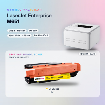 Hp 654A CF332A Sarı Muadil Toner - Çipli / Color LaserJet Enterprise M651