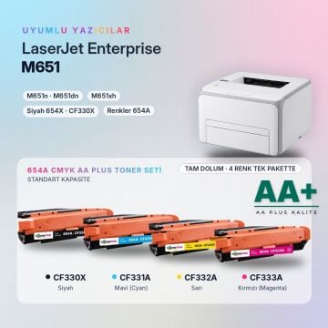 Hp 654A CMYK Muadil Toner Seti AA Plus / Color LaserJet Enterprise M651 / CF331A / CF332A / CF333A
