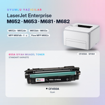 Hp 655A CF450A Siyah Muadil Toner - Çipli / Color LaserJet Enterprise M652 / M653 / MFP M681 / M682