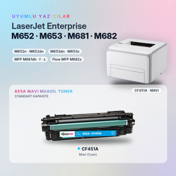 Hp 655A CF451A Mavi Muadil Toner - Çipli / Color LaserJet Enterprise M652 / M653 / MFP M681 / M682